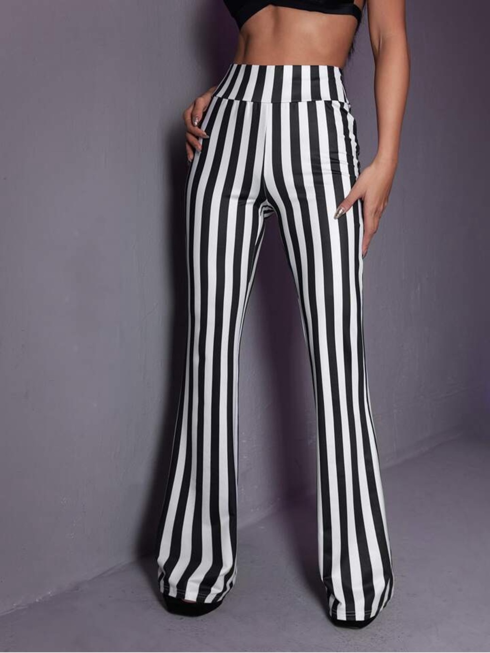 ROMWE Black and White Vertical Stripe Boot Cut Pants